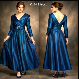 VTG 1980s,Handmade Iridescent Teal/Blue, Front-Slit Gown/Dress,Belted, Size 8/M